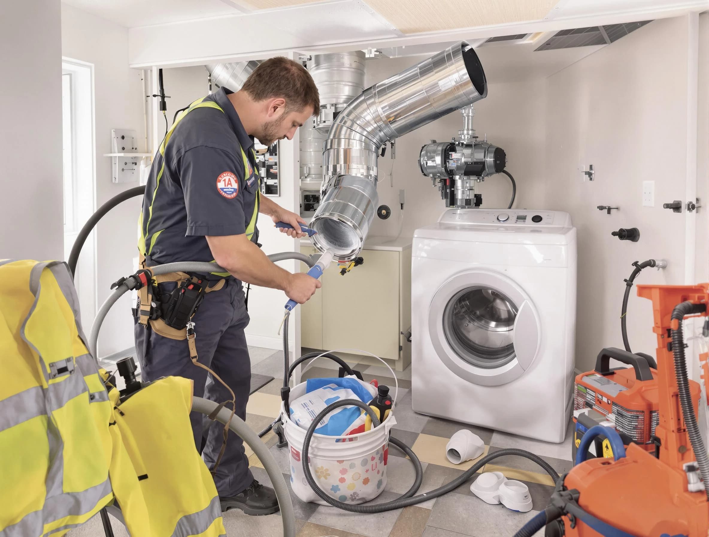 Menifee Dryer Vent Cleaning technician using specialized equipment to clear severe dryer vent blockage in Menifee